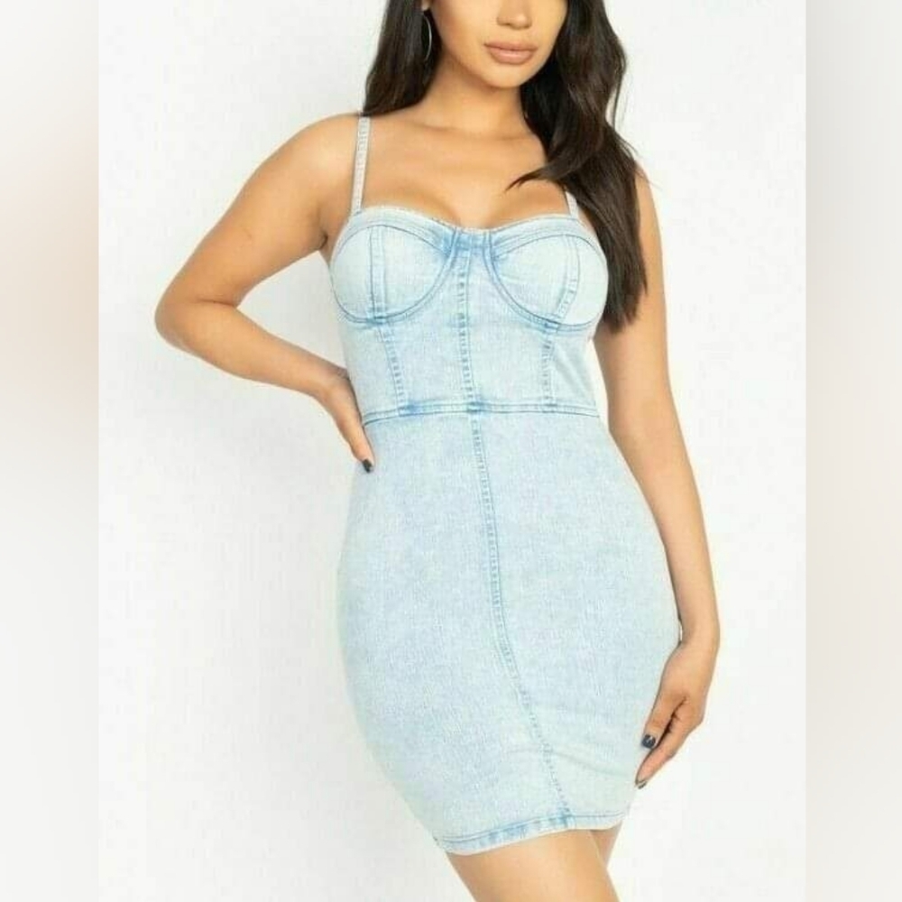 Acid Wash Sweetheart Neckline Denim Bustier Mini Dress with Stretch - Picture 6 of 12